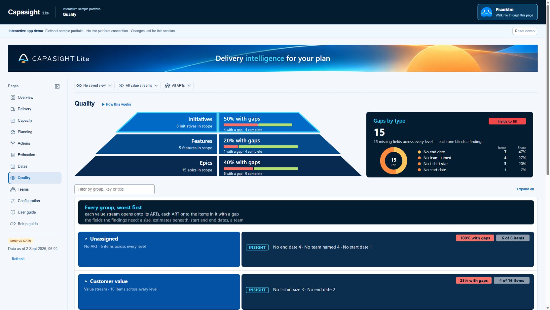 Capasight app demo Quality view with missing planning fields by level, gap type and delivery group